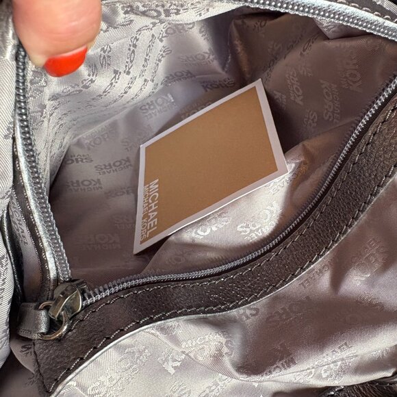 Michael Michael Kors Hobo Bag Studded Top Handle Leather Purse Silver Metallic L - Picture 7 of 14